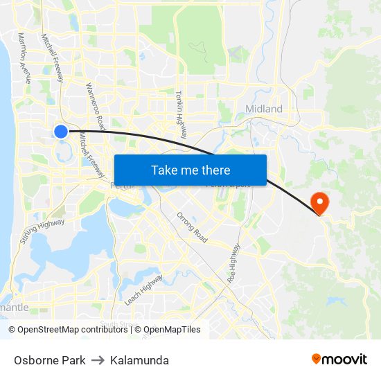 Osborne Park to Kalamunda map