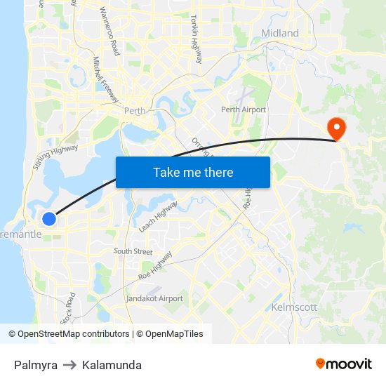 Palmyra to Kalamunda map