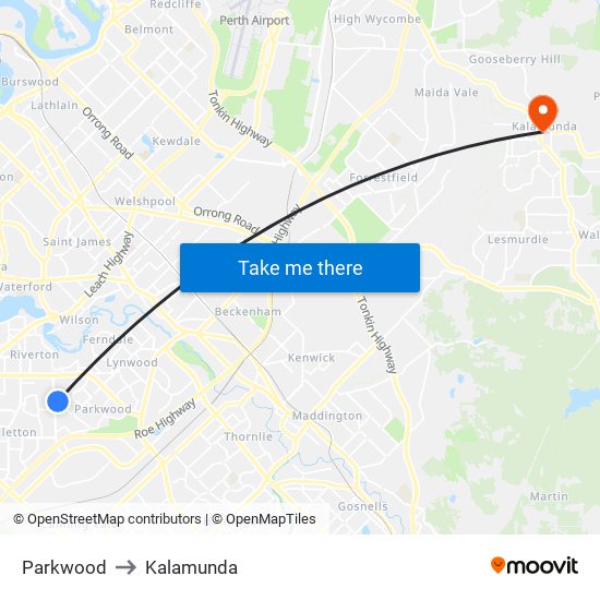 Parkwood to Kalamunda map