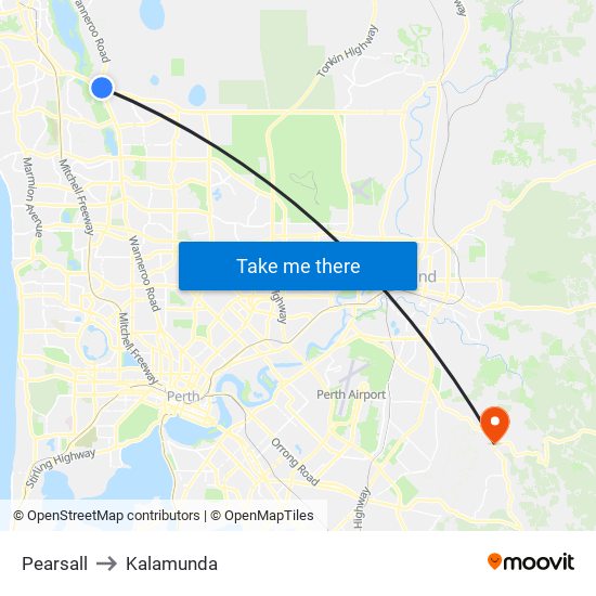Pearsall to Kalamunda map