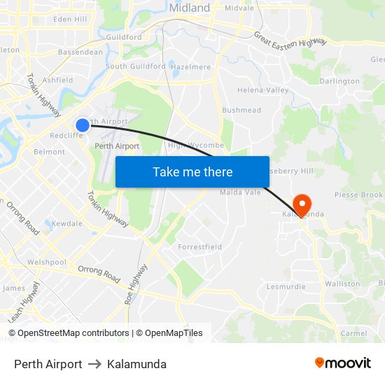 Perth Airport to Kalamunda map