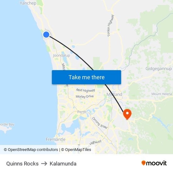 Quinns Rocks to Kalamunda map