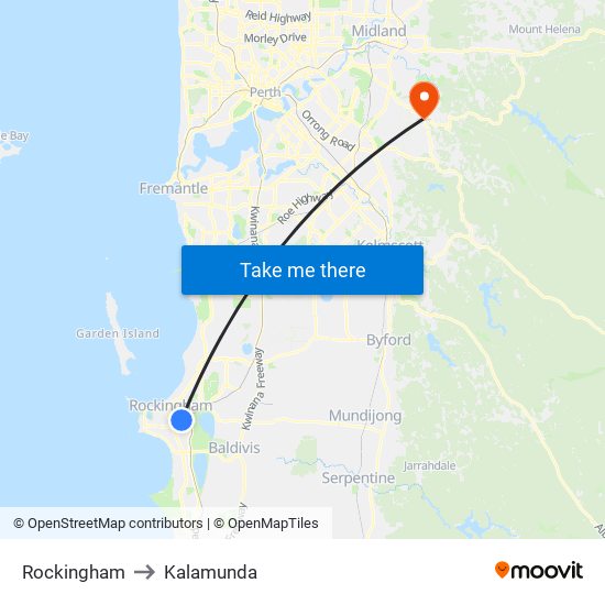 Rockingham to Kalamunda map