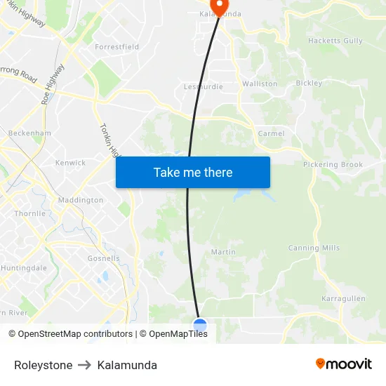 Roleystone to Kalamunda map
