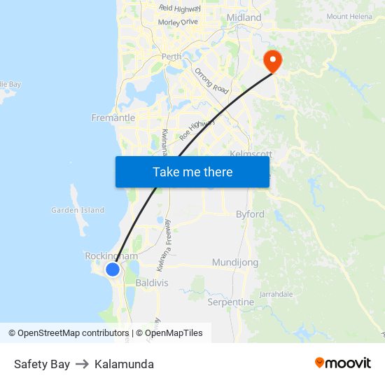 Safety Bay to Kalamunda map