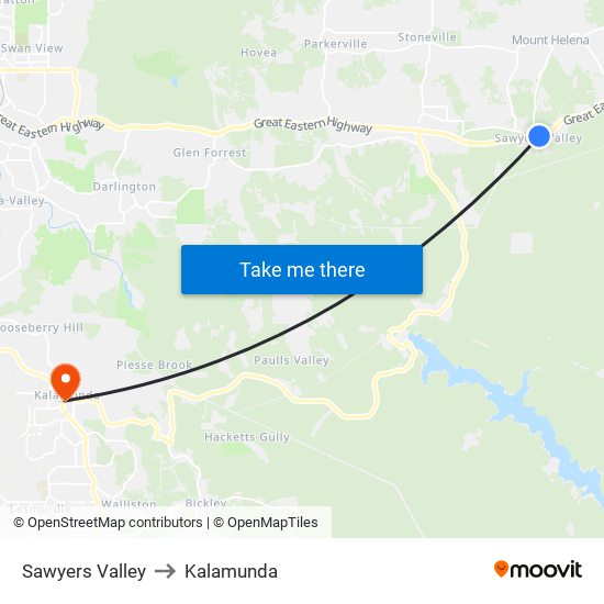 Sawyers Valley to Kalamunda map