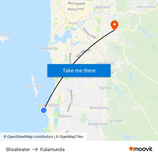 Shoalwater to Kalamunda map