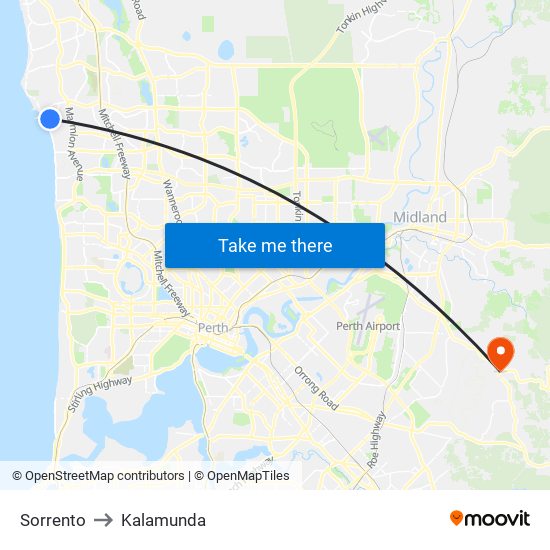 Sorrento to Kalamunda map