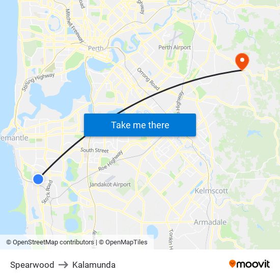 Spearwood to Kalamunda map