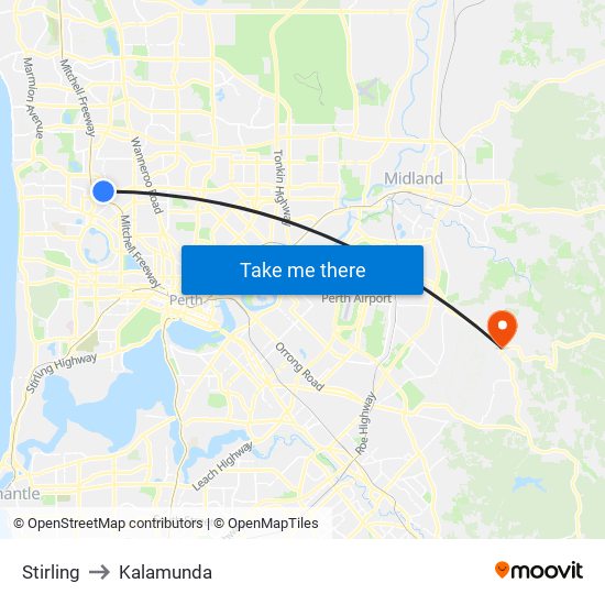 Stirling to Kalamunda map