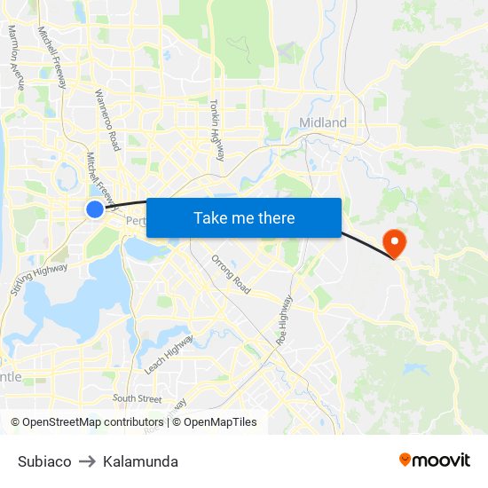 Subiaco to Kalamunda map