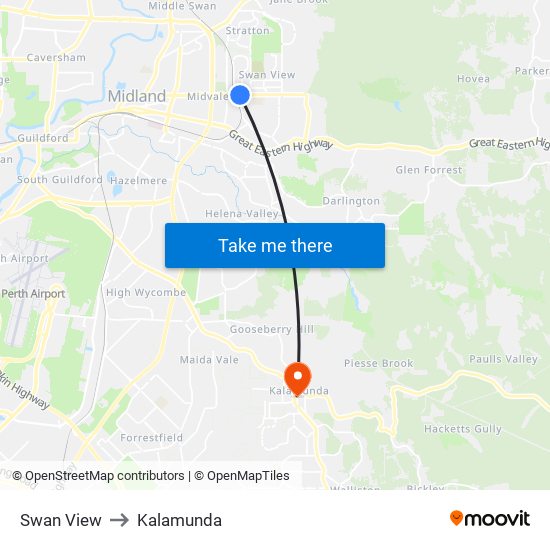 Swan View to Kalamunda map