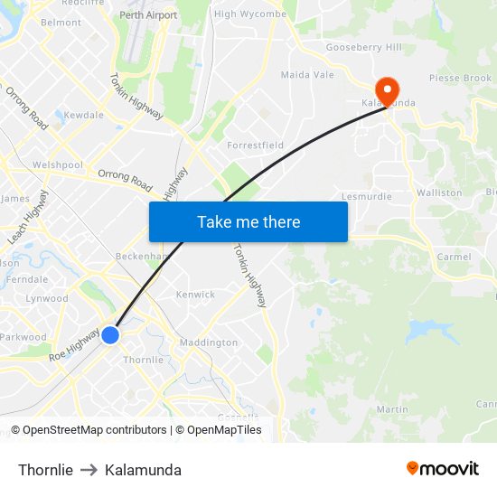 Thornlie to Kalamunda map