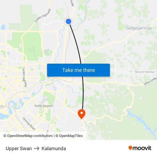 Upper Swan to Kalamunda map