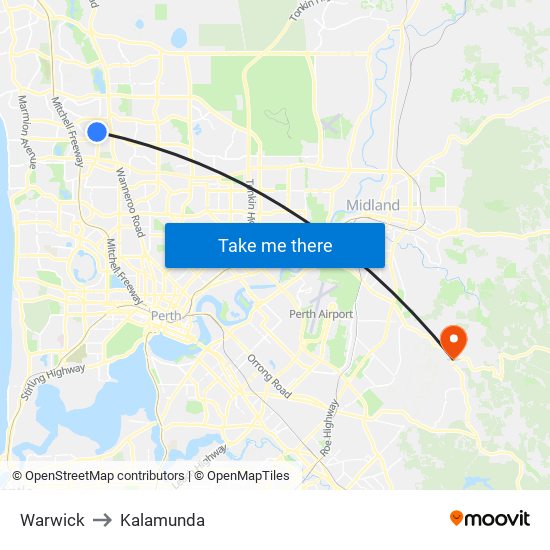 Warwick to Kalamunda map