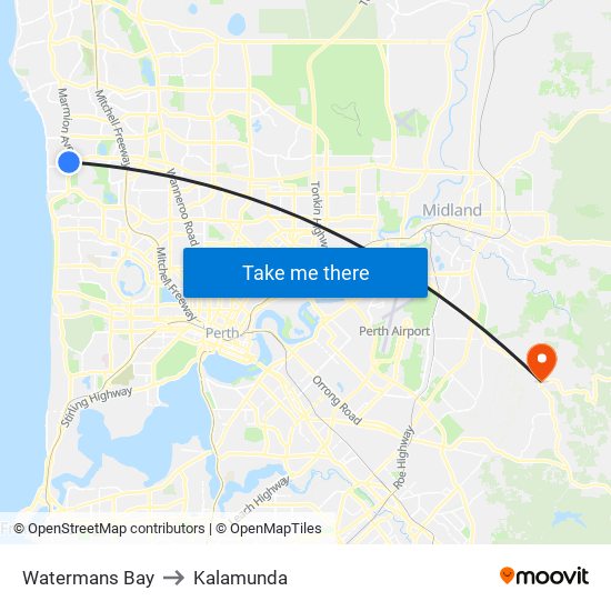 Watermans Bay to Kalamunda map