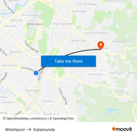 Welshpool to Kalamunda map