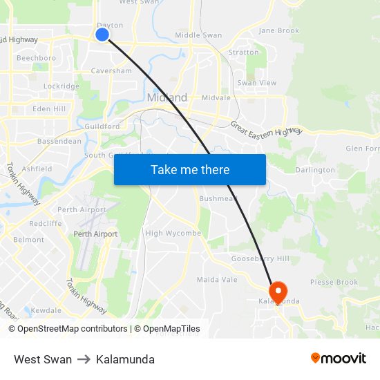 West Swan to Kalamunda map