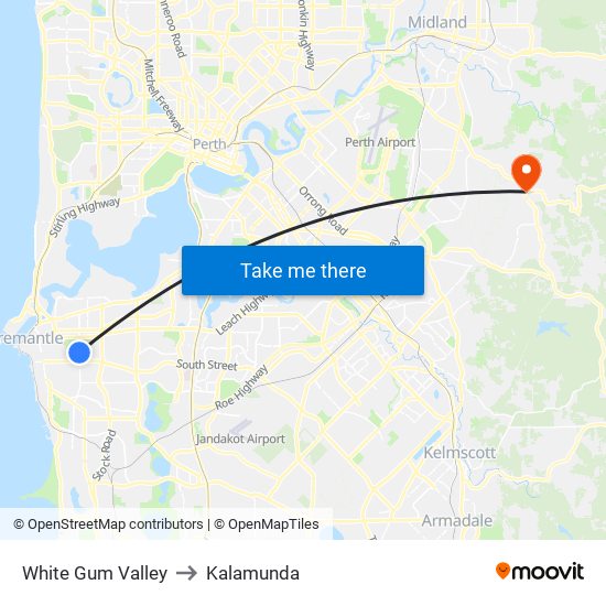 White Gum Valley to Kalamunda map