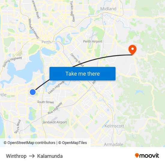 Winthrop to Kalamunda map