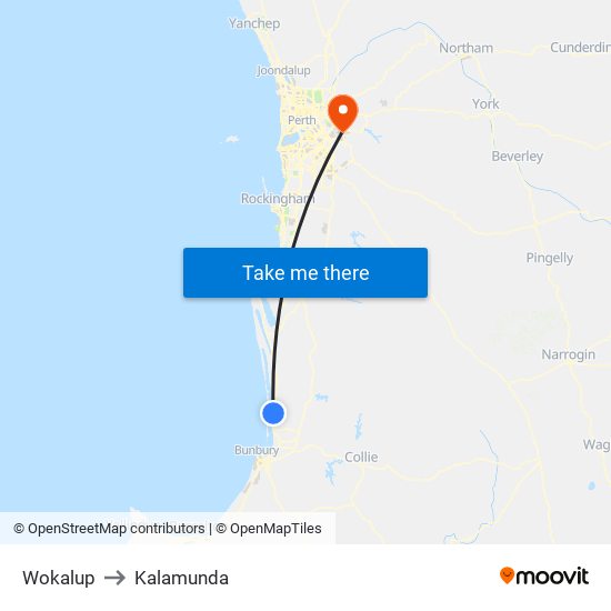 Wokalup to Kalamunda map