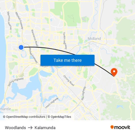 Woodlands to Kalamunda map