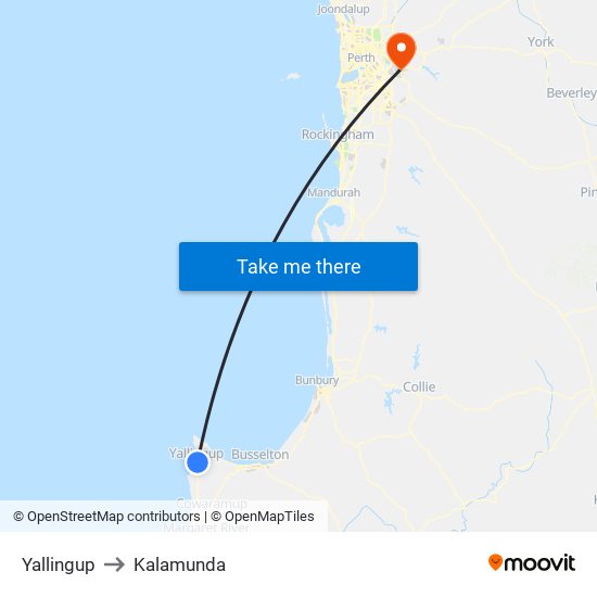Yallingup to Kalamunda map