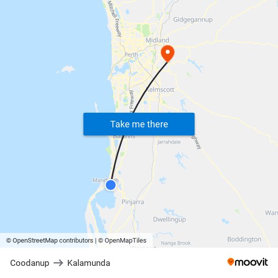 Coodanup to Kalamunda map