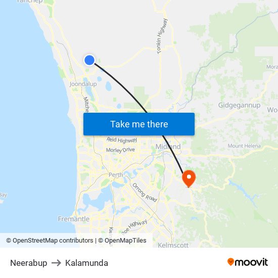 Neerabup to Kalamunda map