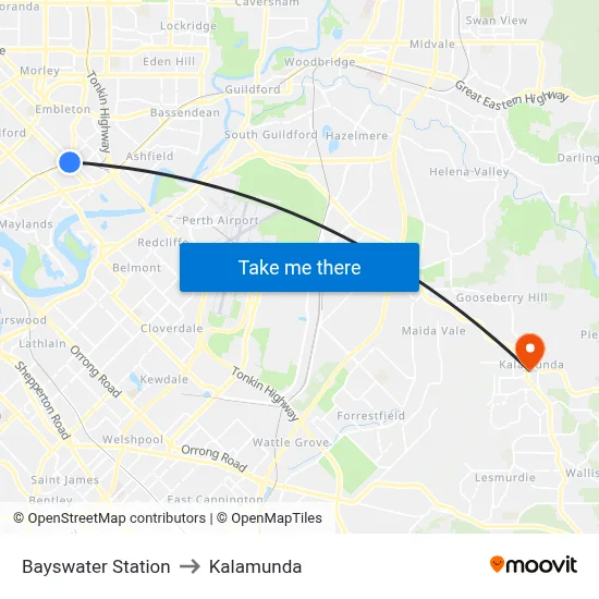 Bayswater Station to Kalamunda map