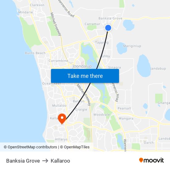 Banksia Grove to Kallaroo map