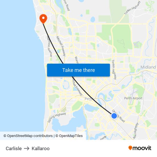 Carlisle to Kallaroo map