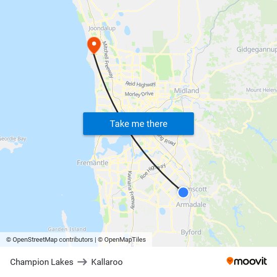Champion Lakes to Kallaroo map