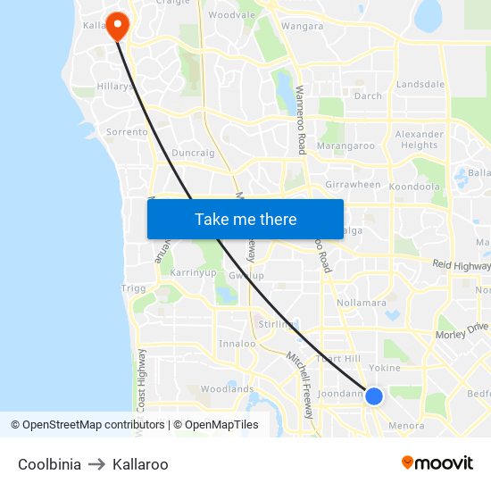 Coolbinia to Kallaroo map