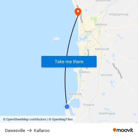 Dawesville to Kallaroo map