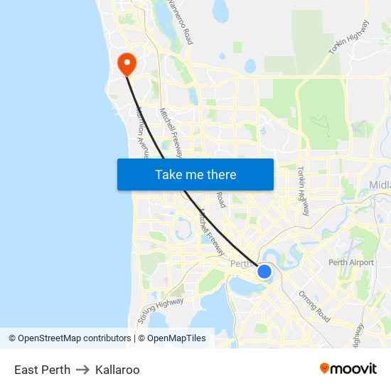 East Perth to Kallaroo map