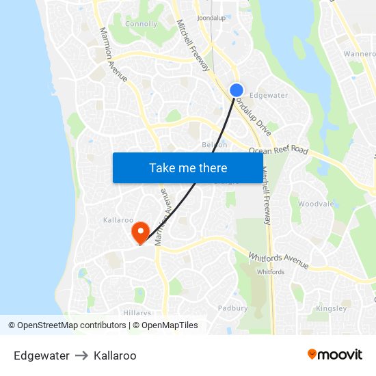 Edgewater to Kallaroo map