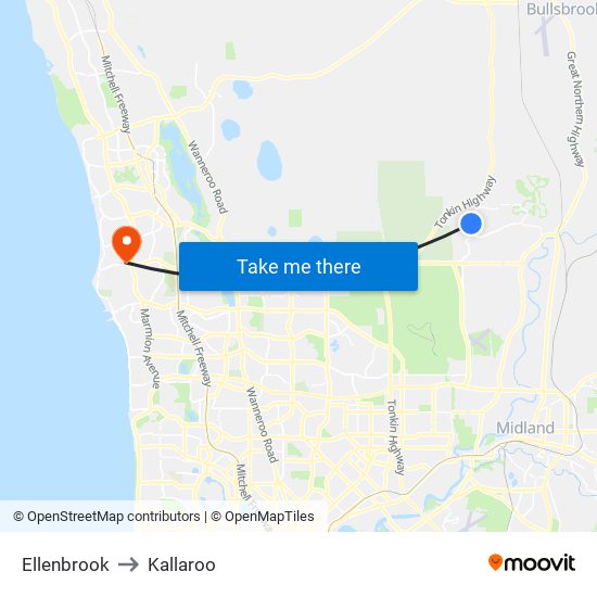 Ellenbrook to Kallaroo map