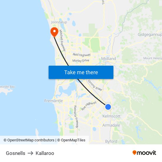 Gosnells to Kallaroo map