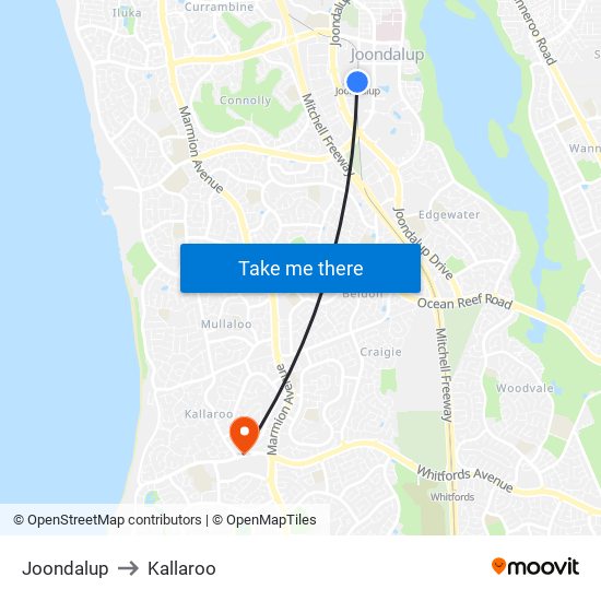 Joondalup to Kallaroo map