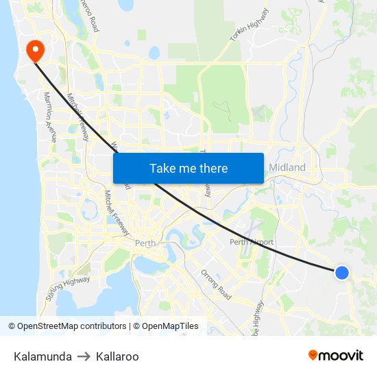 Kalamunda to Kallaroo map