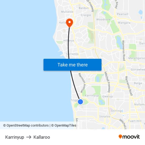 Karrinyup to Kallaroo map