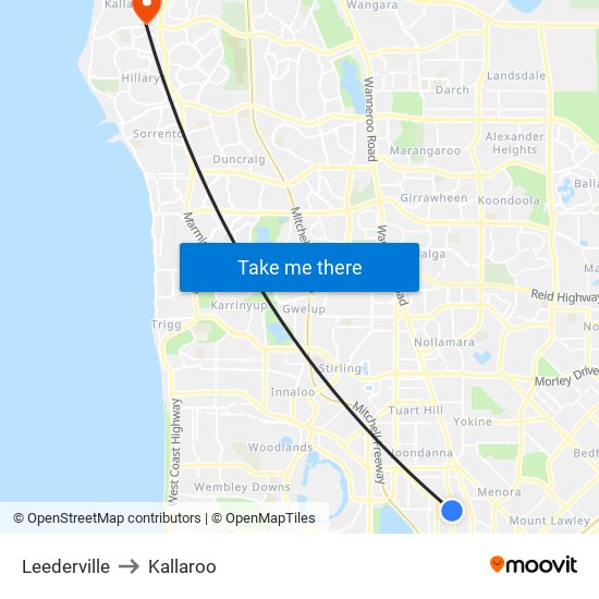 Leederville to Kallaroo map