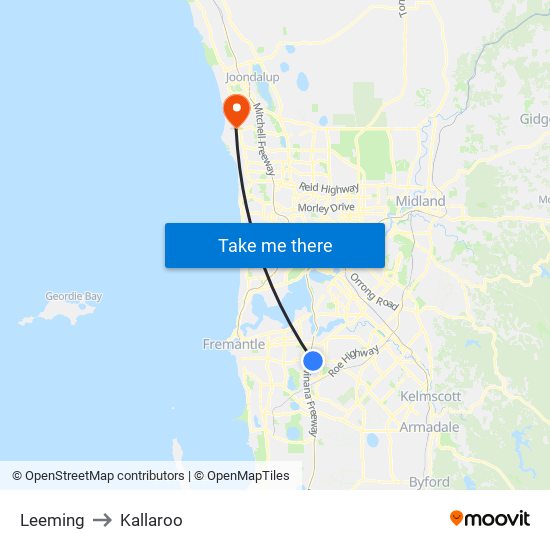 Leeming to Kallaroo map