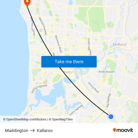Maddington to Kallaroo map