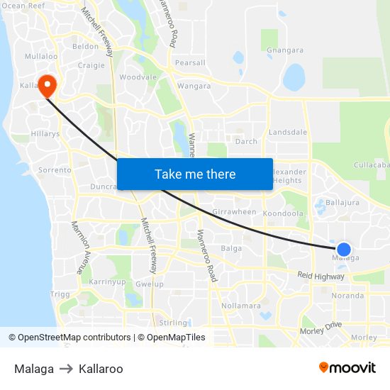 Malaga to Kallaroo map