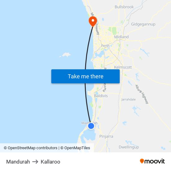 Mandurah to Kallaroo map