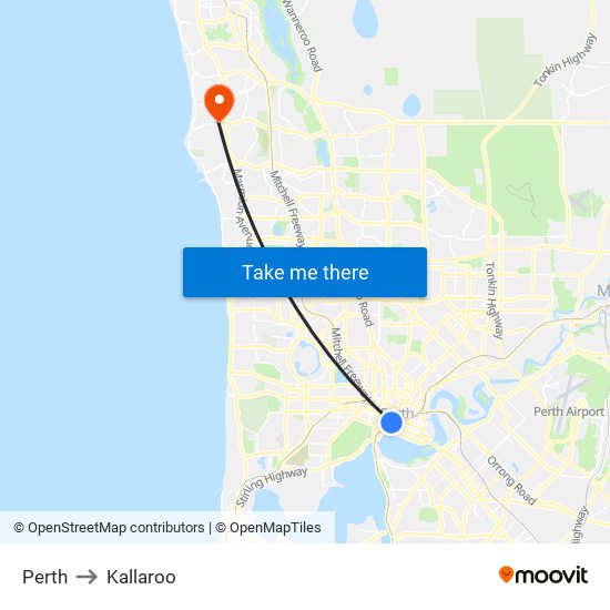 Perth to Kallaroo map
