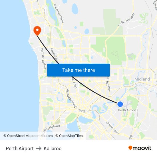 Perth Airport to Kallaroo map