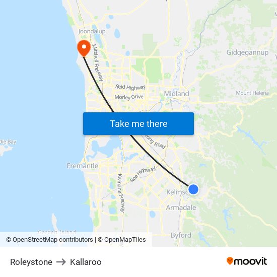 Roleystone to Kallaroo map